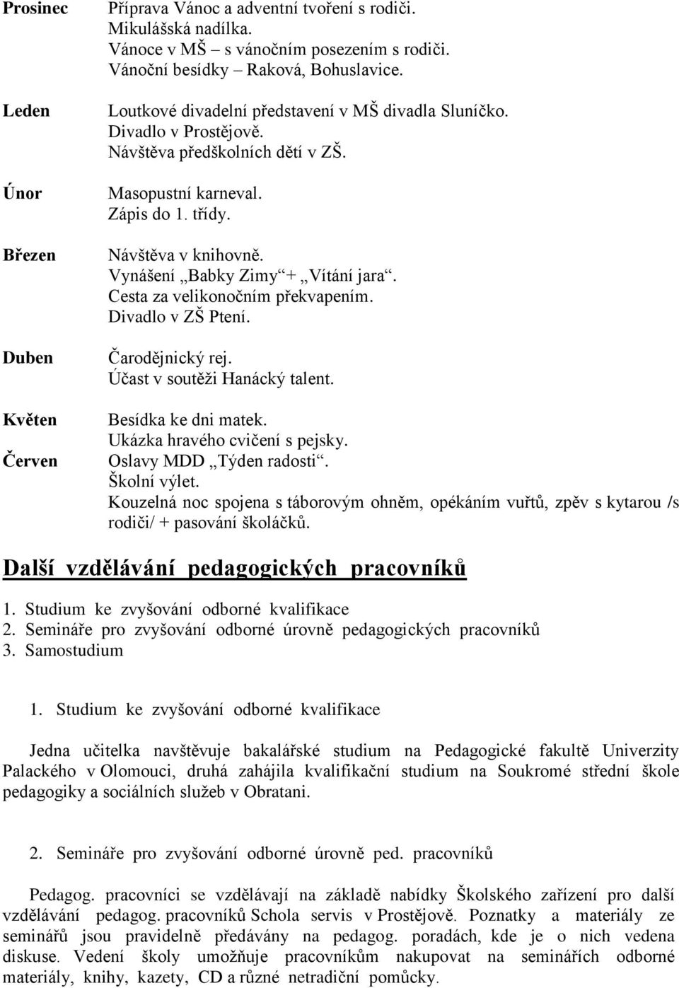 Vynášení Babky Zimy + Vítání jara. Cesta za velikonočním překvapením. Divadlo v ZŠ Ptení. Čarodějnický rej. Účast v soutěži Hanácký talent. Besídka ke dni matek. Ukázka hravého cvičení s pejsky.