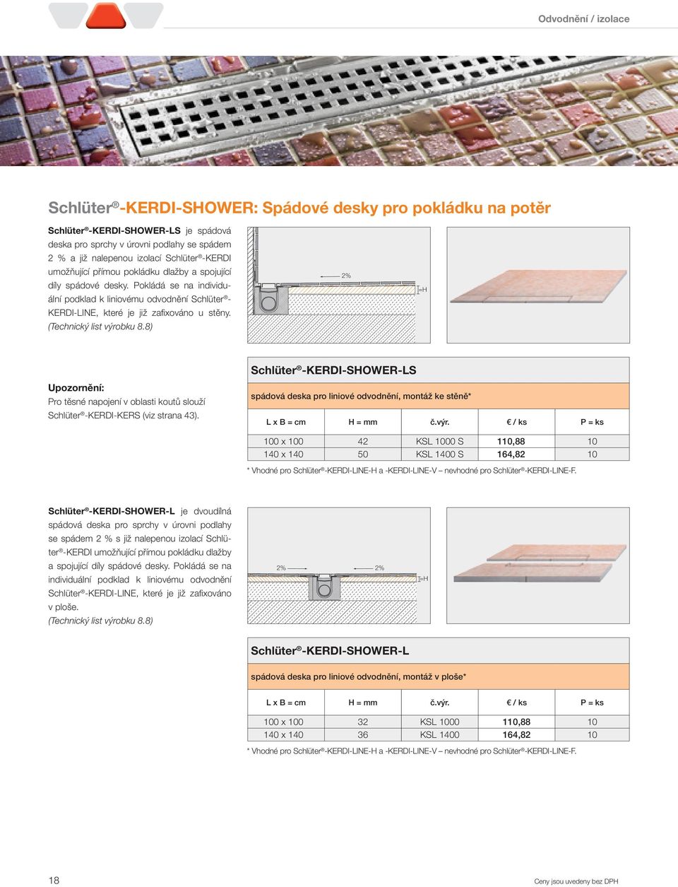 (Technický list výrobku 8.8) 2% =H Schlüter -KERDI-SHOWER-LS Upozornění: Pro těsné napojení v oblasti koutů slouží Schlüter -KERDI-KERS (viz strana 43).