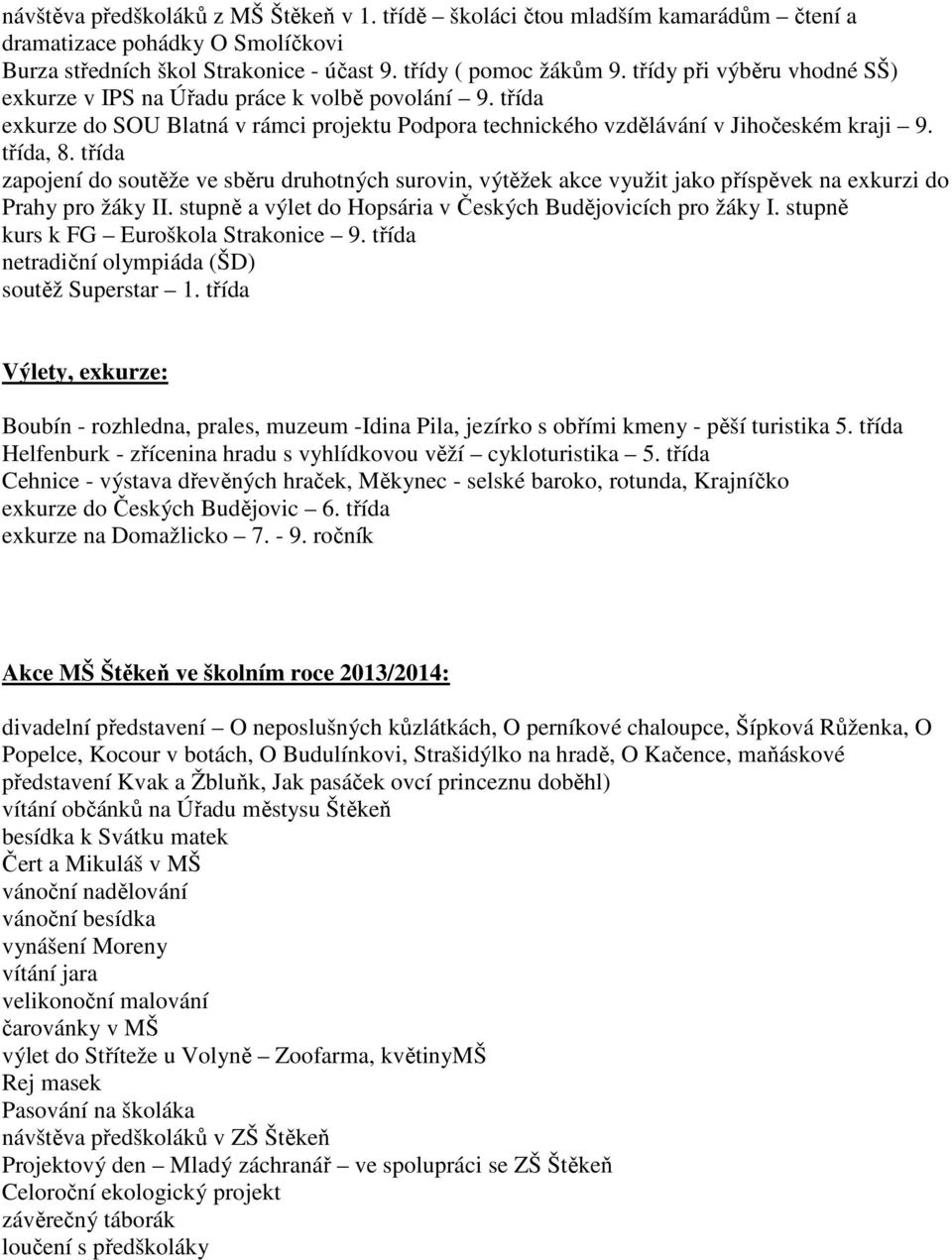 třída zapojení do soutěže ve sběru druhotných surovin, výtěžek akce využit jako příspěvek na exkurzi do Prahy pro žáky II. stupně a výlet do Hopsária v Českých Budějovicích pro žáky I.