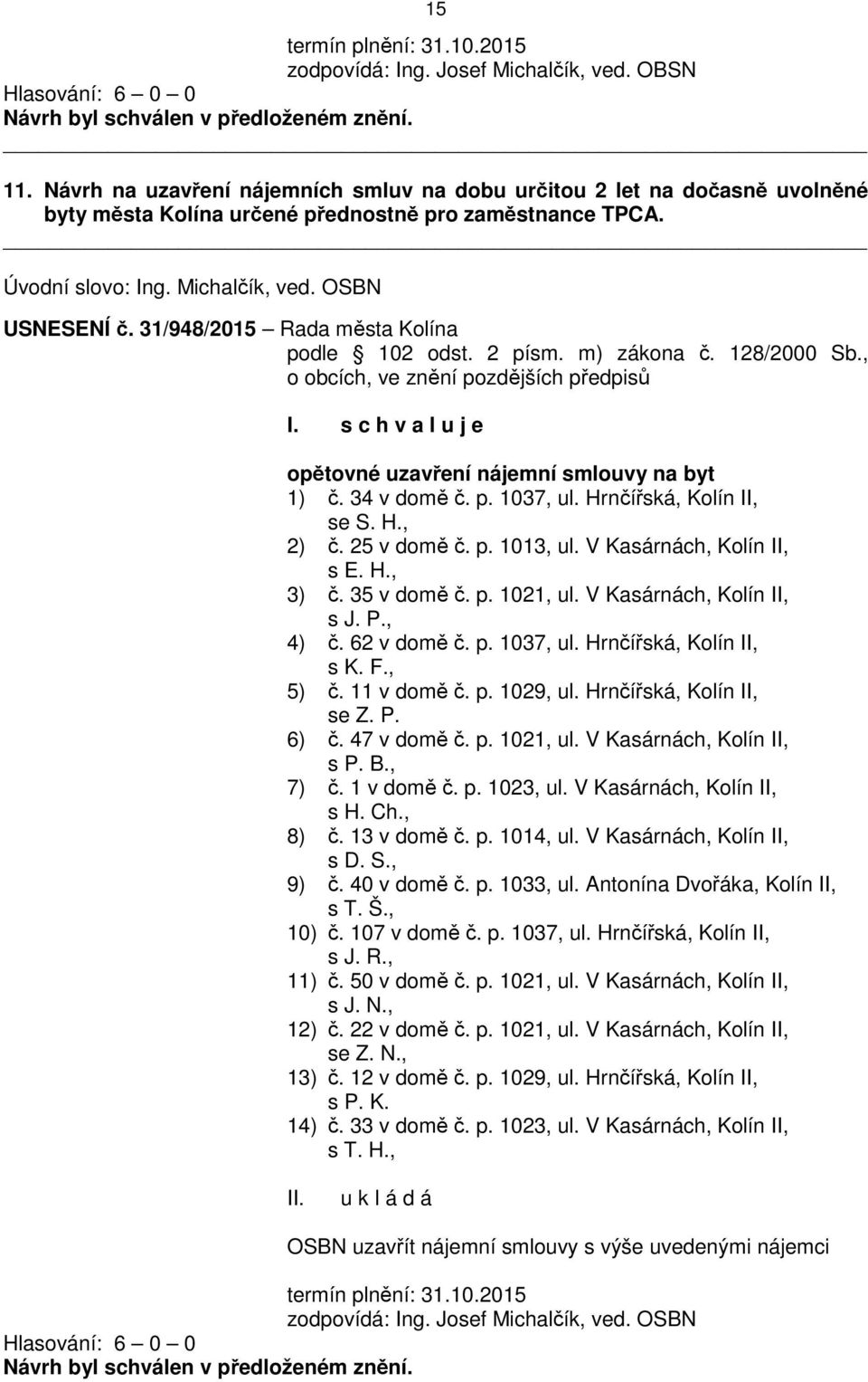 31/948/2015 Rada města Kolína podle 102 odst. 2 písm. m) zákona č. 128/2000 Sb., o obcích, ve znění pozdějších předpisů opětovné uzavření nájemní smlouvy na byt 1) č. 34 v domě č. p. 1037, ul.