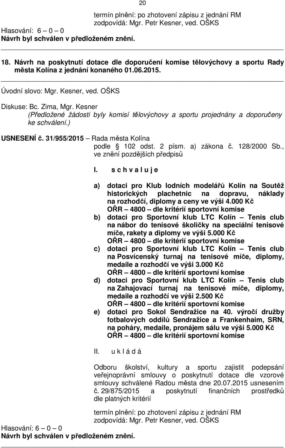 Kesner (Předložené žádosti byly komisí tělovýchovy a sportu projednány a doporučeny ke schválení.) USNESENÍ č. 31/955/2015 Rada města Kolína podle 102 odst. 2 písm. a) zákona č. 128/2000 Sb.