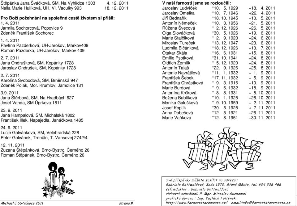 Krumlov, Jamolice 131 3.9. 2011 Jana Štěrbová, SM, Na Hradbách 627 Josef Vanda, SM Úprkova 1811 23. 9. 2011 Jana Hampalová, SM, Michalská 1802 František Illek, Napajedla, Janáčkova 1485 24. 9. 2011 Lucie Galvánková, SM, Velehradská 228 Peter Galvánek, Trenčín, T.