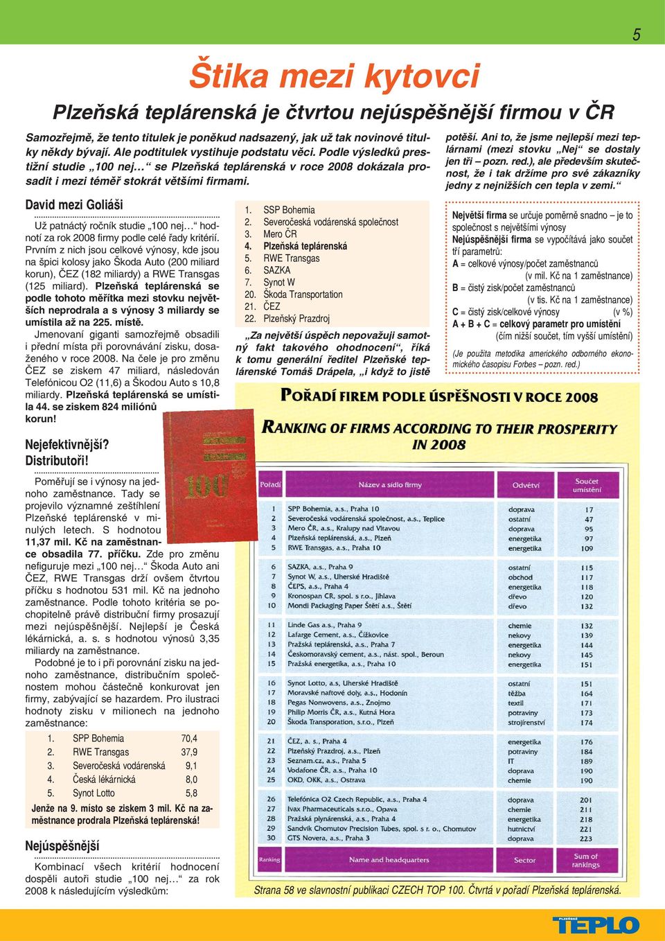 David mezi Goliáši Už patnáctý ročník studie 100 nej hodnotí za rok 2008 firmy podle celé řady kritérií.