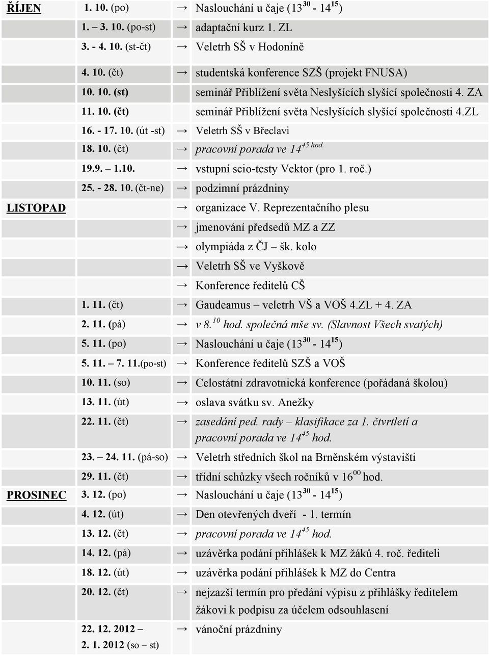 roč.) 25. - 28. 10. (čt-ne) podzimní prázdniny LISTOPAD organizace V. Reprezentačního plesu jmenování předsedů MZ a ZZ olympiáda z ČJ šk. kolo Veletrh SŠ ve Vyškově Konference ředitelů CŠ 1. 11.