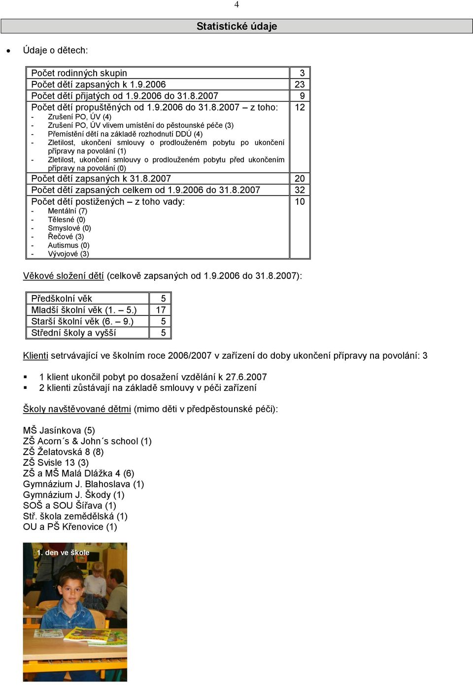 2007 z toho: 12 - Zrušení PO, ÚV (4) - Zrušení PO, ÚV vlivem umístění do pěstounské péče (3) - Přemístění dětí na základě rozhodnutí DDÚ (4) - Zletilost, ukončení smlouvy o prodlouţeném pobytu po