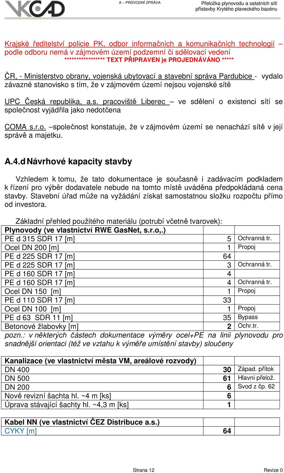 r.o. společnost konstatuje, že v zájmovém území se nenachází sítě v její správě a majetku. A.4.