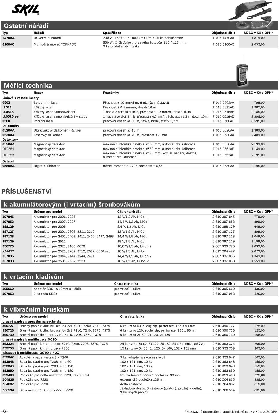 Poznámky Objednací číslo NDSC v Kč s DPH* Liniové a rotační lasery 0502 Spider minilaser Přesnost ± 10 mm/5 m, 6 různých nástavců F 015 0502AA 799,00 LL511 Křížový laser Přesnost ± 0,5 mm/m, dosah 10