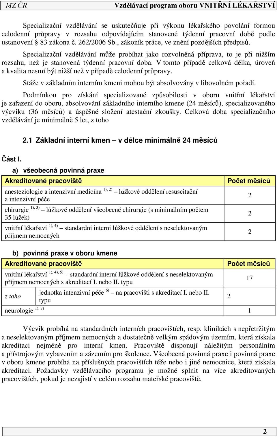 V tomto případě celková délka, úroveň a kvalita nesmí být nižší než v případě celodenní průpravy. Stáže v základním interním kmeni mohou být absolvovány v libovolném pořadí.