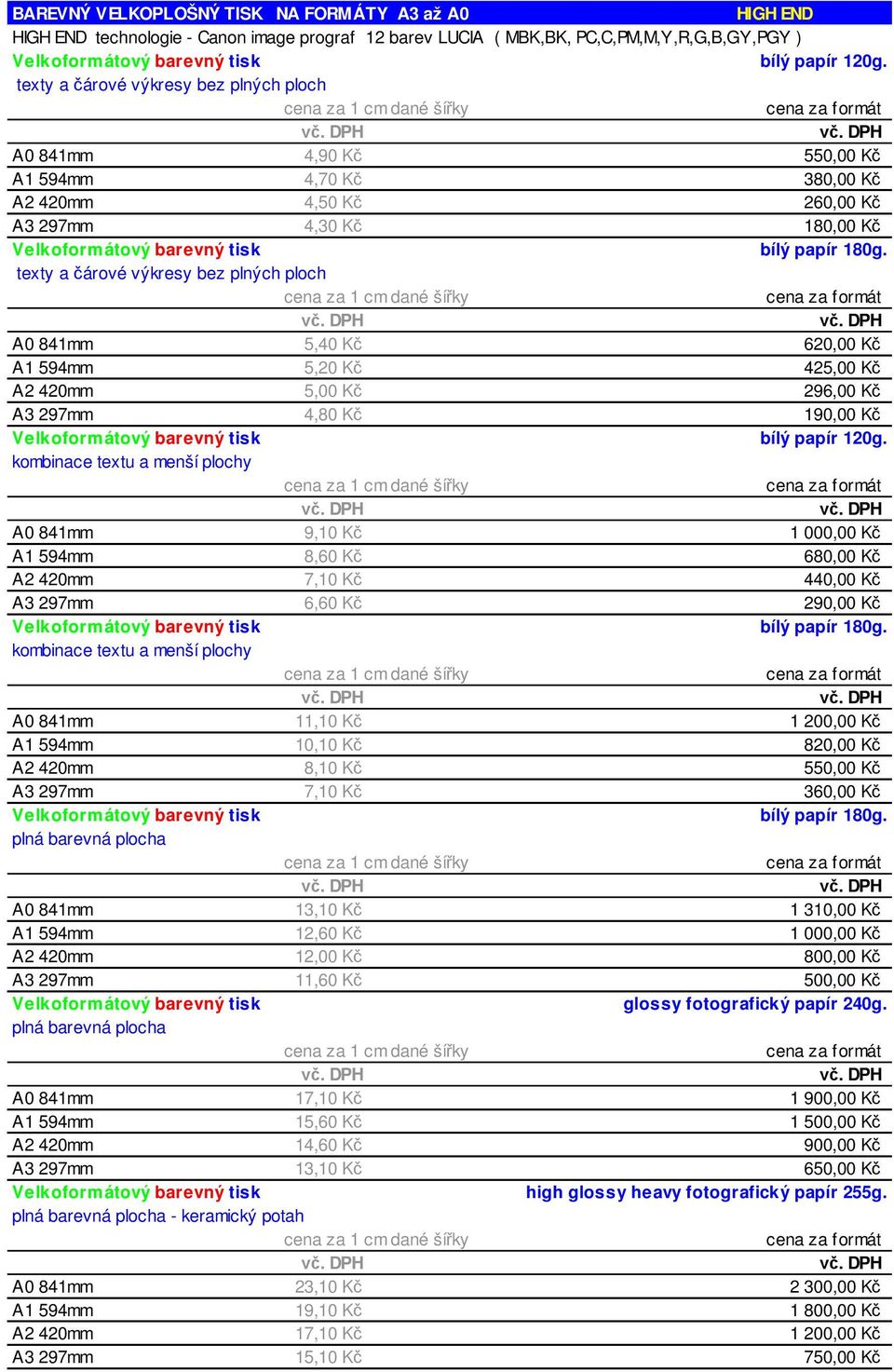 425,00 K A2 420mm 5,00 K 295,90 K 296,00 K A3 297mm 4,80 K 189,90 K 190,00 K Velkoformátový barevný tisk bílý papír 120g.