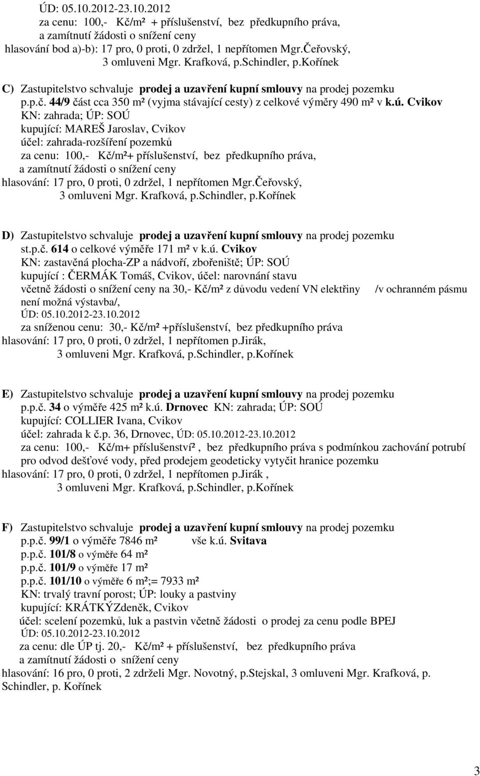 Cvikov KN: zahrada; ÚP: SOÚ kupující: MAREŠ Jaroslav, Cvikov účel: zahrada-rozšíření pozemků za cenu: 100,- Kč/m²+ příslušenství, bez předkupního práva, a zamítnutí žádosti o snížení ceny hlasování: