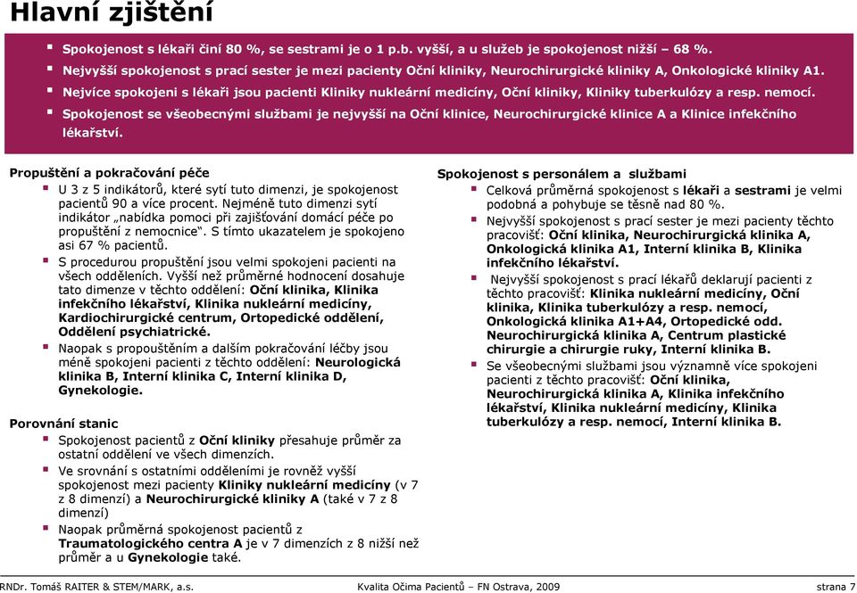 Nejvíce spokojeni s lékaři jsou pacienti Kliniky nukleární medicíny, Oční kliniky, Kliniky tuberkulózy a resp. nemocí.