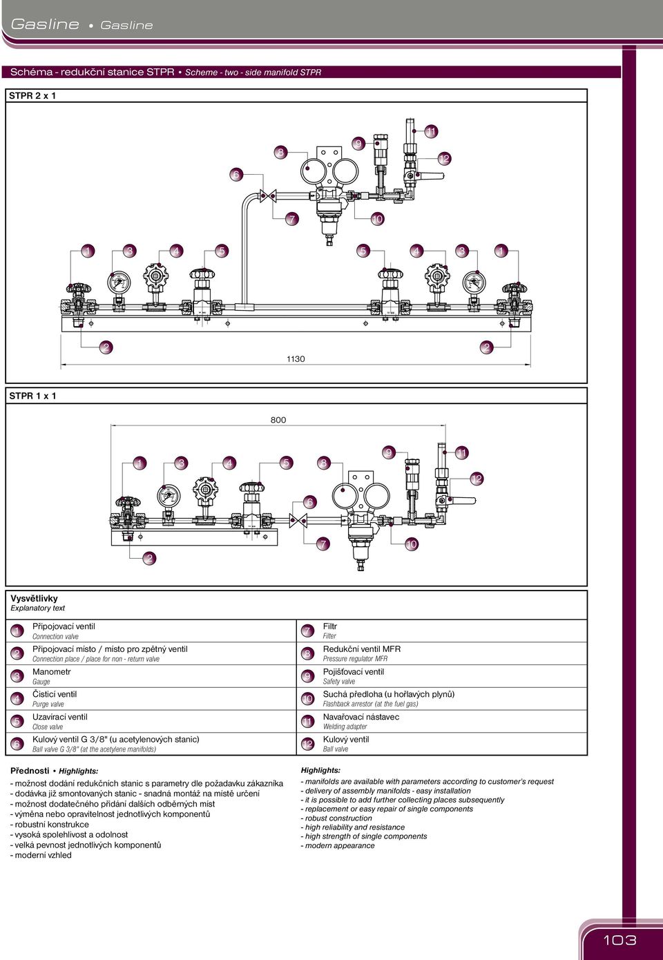 manifolds) 7 8 9 0 Filtr Filter Redukční ventil MFR Pressure regulator MFR Pojišťovací ventil Safety valve Suchá ředloha (u hořlavých lynů) Flashback arrestor (at the fuel gas) Navařovací nástavec