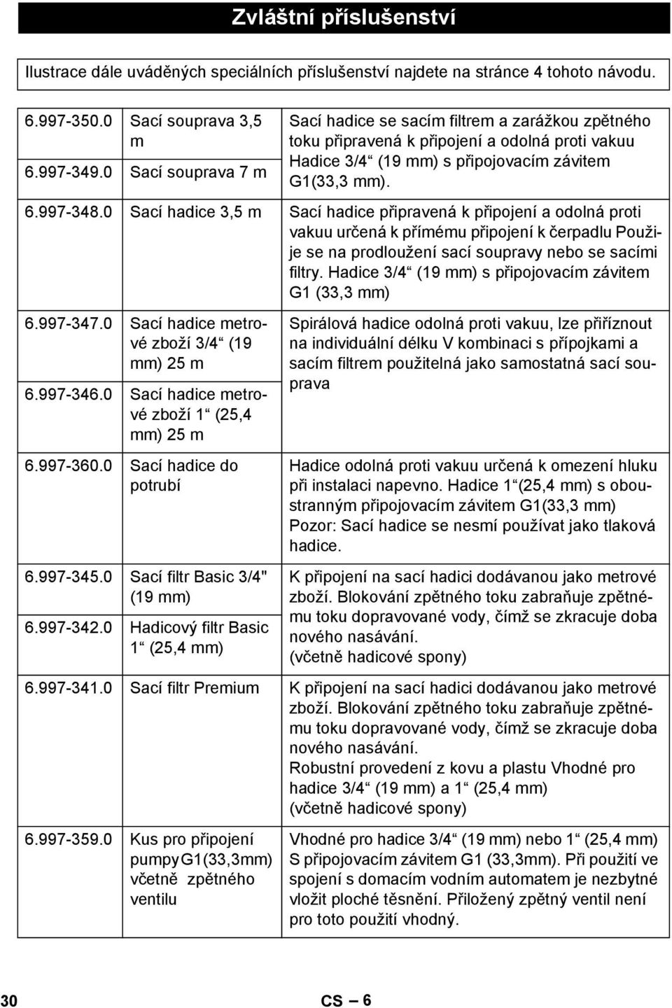 0 Sací hadice 3,5 m Sací hadice připravená k připojení a odolná proti vakuu určená k přímému připojení k čerpadlu Použije se na prodloužení sací soupravy nebo se sacími filtry.