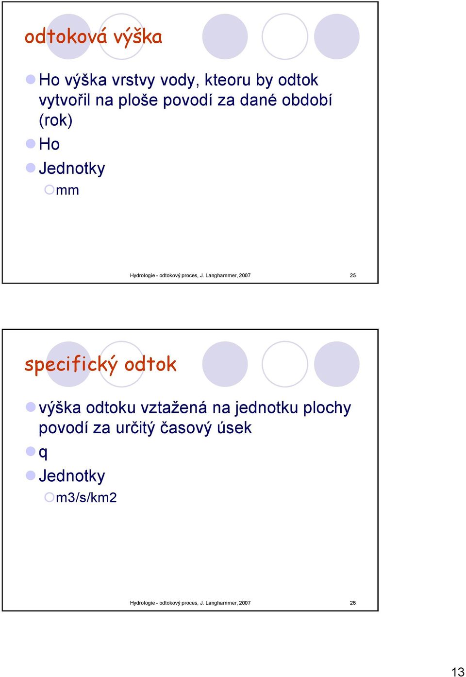 Langhammer, 2007 25 specifický odtok výška odtoku vztažená na jednotku plochy