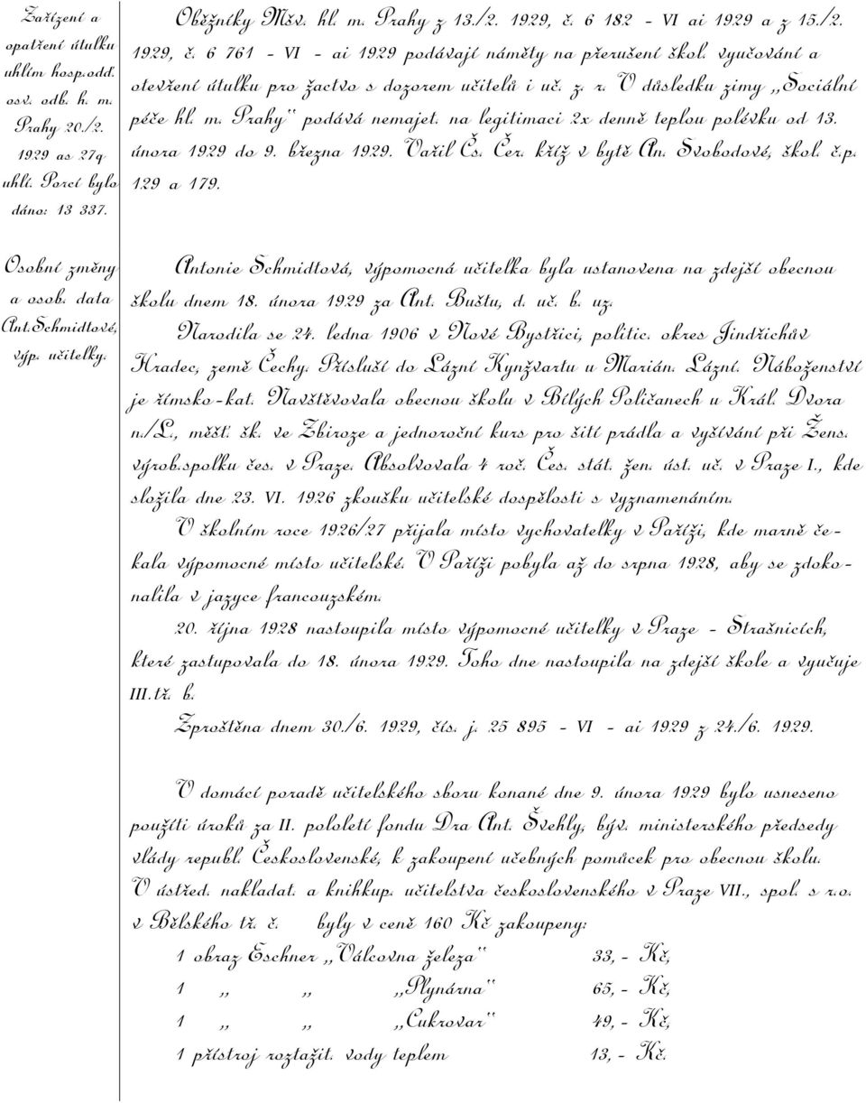 Prahy podává nemajet. na legitimaci 2x denně teplou polévku od 13. února 1929 do 9. března 1929. Vařil Čs. Čer. kříž v bytě An. Svobodové, škol. č.p. 129 a 179.