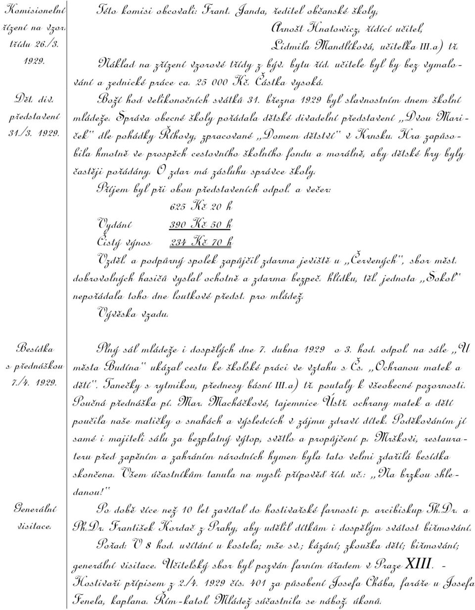 učitele byl by bez vymalování a zednické práce ca. 25 000 Kč. Částka vysoká. Boží hod velikonočních svátků 31. března 1929 byl slavnostním dnem školní mládeže.