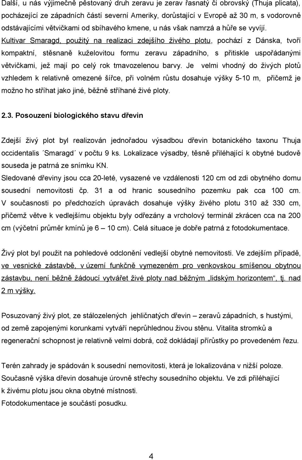 Kultivar Smaragd, použitý na realizaci zdejšího živého plotu, pochází z Dánska, tvoří kompaktní, stěsnaně kuželovitou formu zeravu západního, s přitiskle uspořádanými větvičkami, jež mají po celý rok