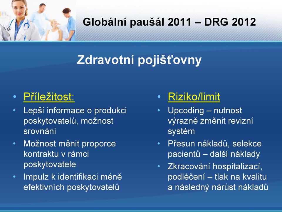 identifikaci méně efektivních poskytovatelů Riziko/limit Upcoding nutnost výrazně změnit revizní systém