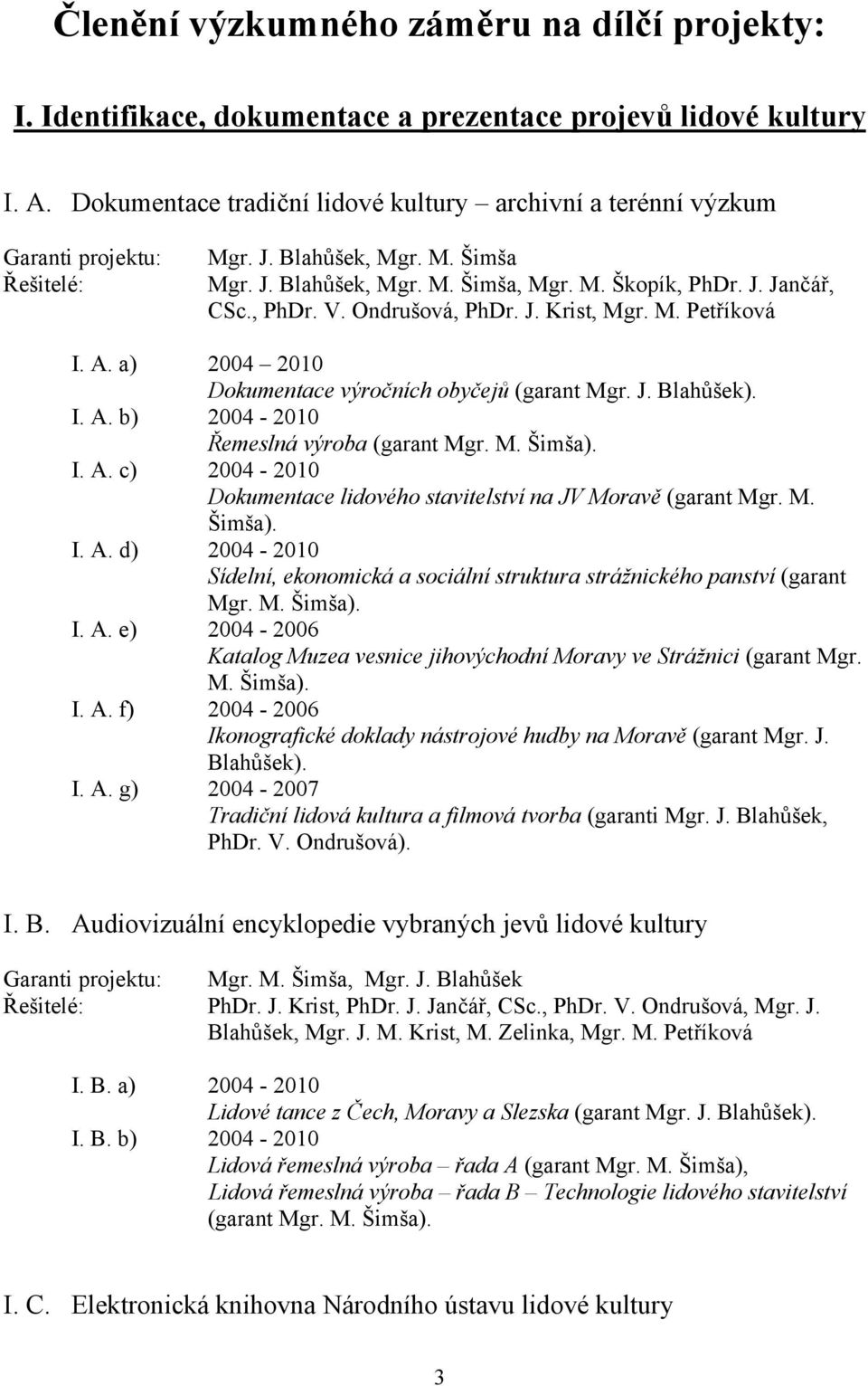 Ondrušová, PhDr. J. Krist, Mgr. M. Petříková I. A. a) 2004 2010 Dokumentace výročních obyčejů (garant Mgr. J. Blahůšek). I. A. b) 2004-2010 Řemeslná výroba (garant Mgr. M. Šimša). I. A. c) 2004-2010 Dokumentace lidového stavitelství na JV Moravě (garant Mgr.