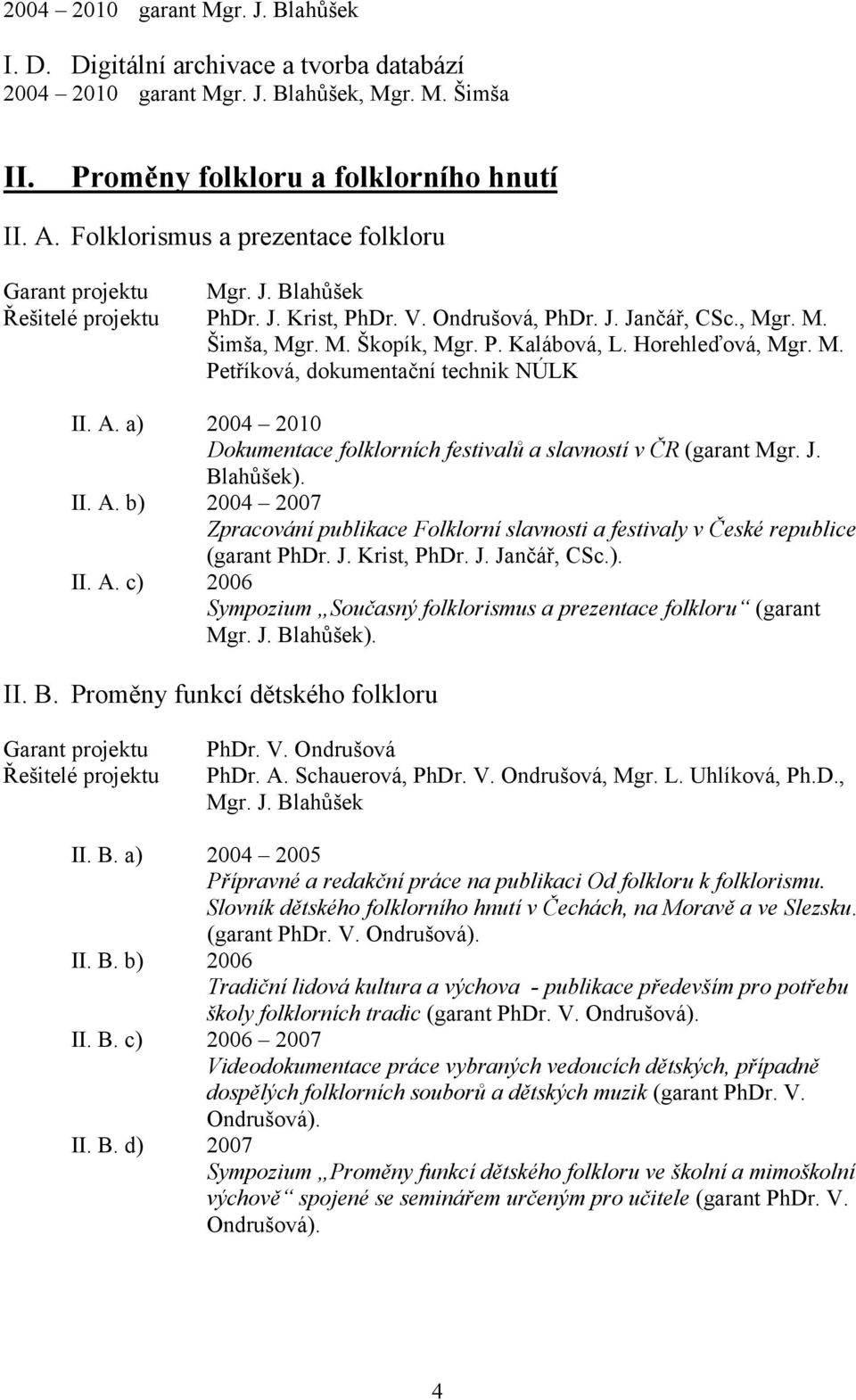Horehleďová, Mgr. M. Petříková, dokumentační technik NÚLK II. A. a) 2004 2010 Dokumentace folklorních festivalů a slavností v ČR (garant Mgr. J. Blahůšek). II. A. b) 2004 2007 Zpracování publikace Folklorní slavnosti a festivaly v České republice (garant PhDr.