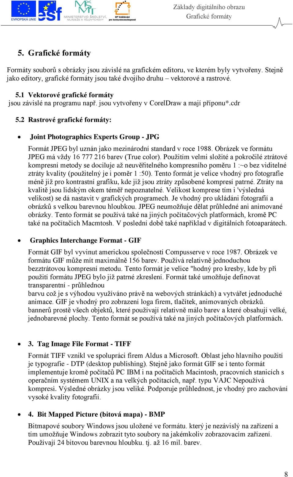 2 Rastrové grafické formáty: Joint Photographics Experts Group - JPG Formát JPEG byl uznán jako mezinárodní standard v roce 1988. Obrázek ve formátu JPEG má vždy 16 777 216 barev (True color).