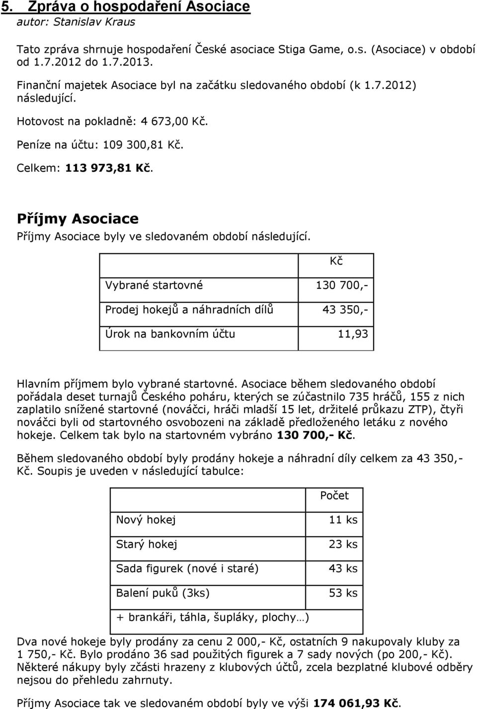 Příjmy Asociace Příjmy Asociace byly ve sledovaném období následující.