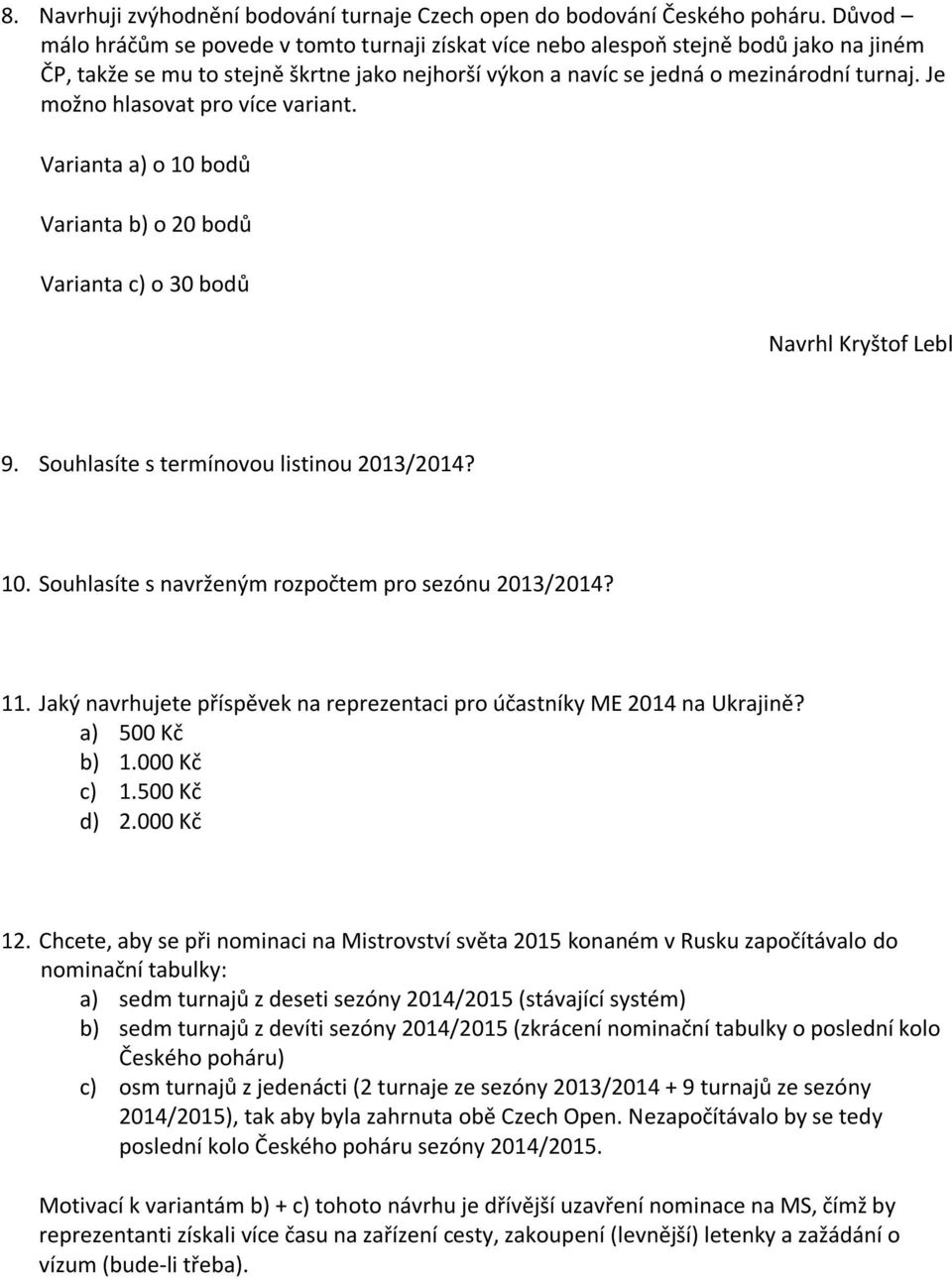 Je možno hlasovat pro více variant. Varianta a) o 10 bodů Varianta b) o 20 bodů Varianta c) o 30 bodů Navrhl Kryštof Lebl 9. Souhlasíte s termínovou listinou 2013/2014? 10. Souhlasíte s navrženým rozpočtem pro sezónu 2013/2014?