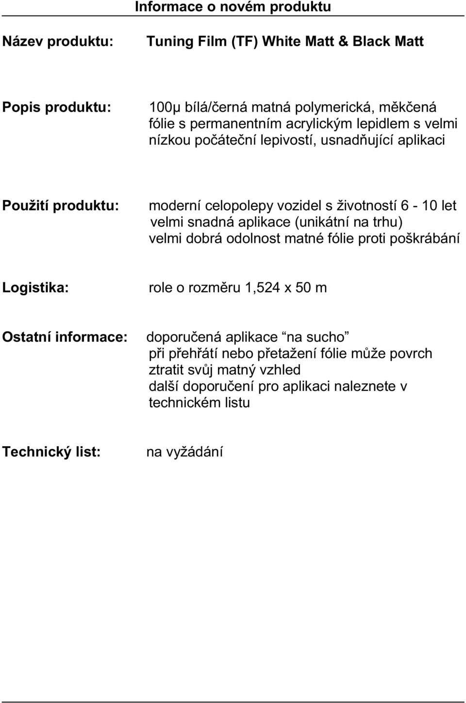 (unikátní na trhu) velmi dobrá odolnost matné fólie proti poškrábání role o rozměru 1,524 x 50 m doporučená aplikace na sucho