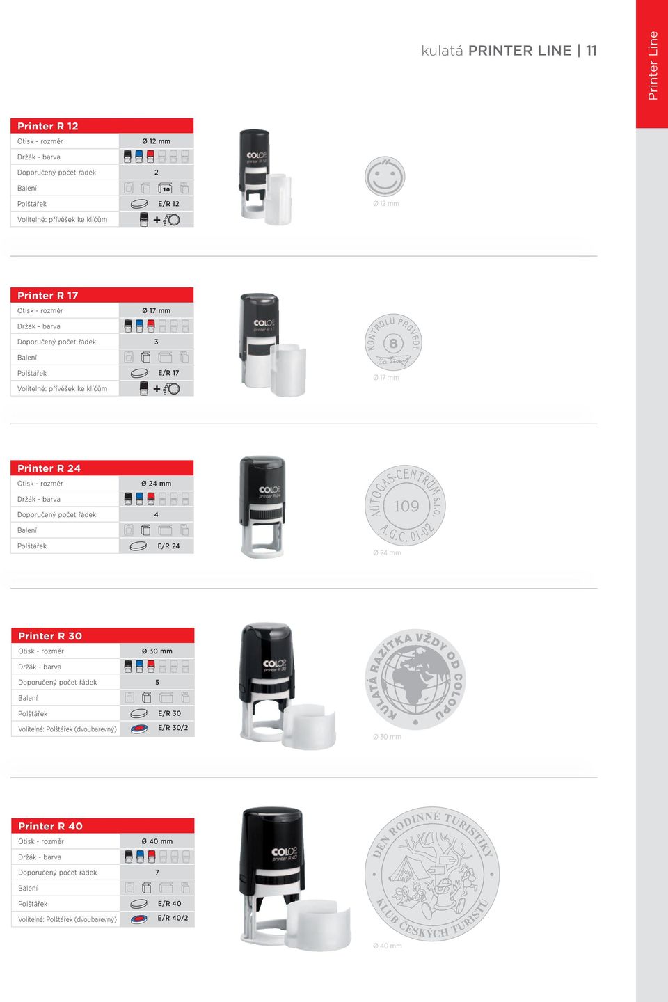 R 24 Ø 2 Doporučený počet řádek 4 I E/R 24 Ø 2 Printer R 30 Ø 30 mm Doporučený počet řádek 5 I Volitelné: (dvoubarevný)