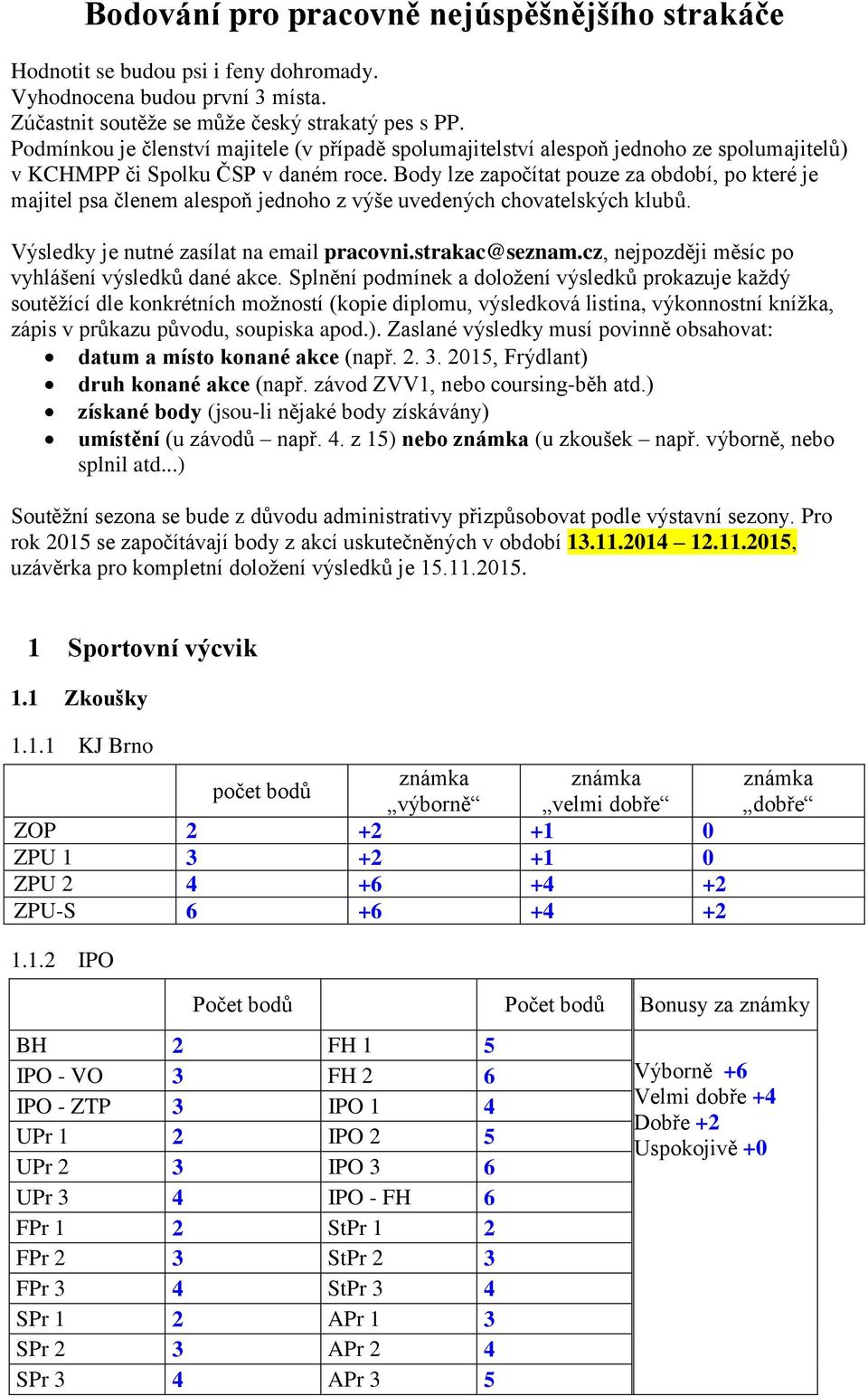 Body lze započítat pouze za období, po které je majitel psa členem alespoň jednoho z výše uvedených chovatelských klubů. Výsledky je nutné zasílat na email pracovni.strakac@seznam.