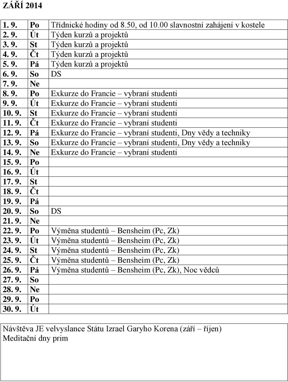 9. Pá Exkurze do Francie vybraní studenti, Dny vědy a techniky 13. 9. So Exkurze do Francie vybraní studenti, Dny vědy a techniky 14. 9. Ne Exkurze do Francie vybraní studenti 15. 9. Po 16. 9. Út 17.