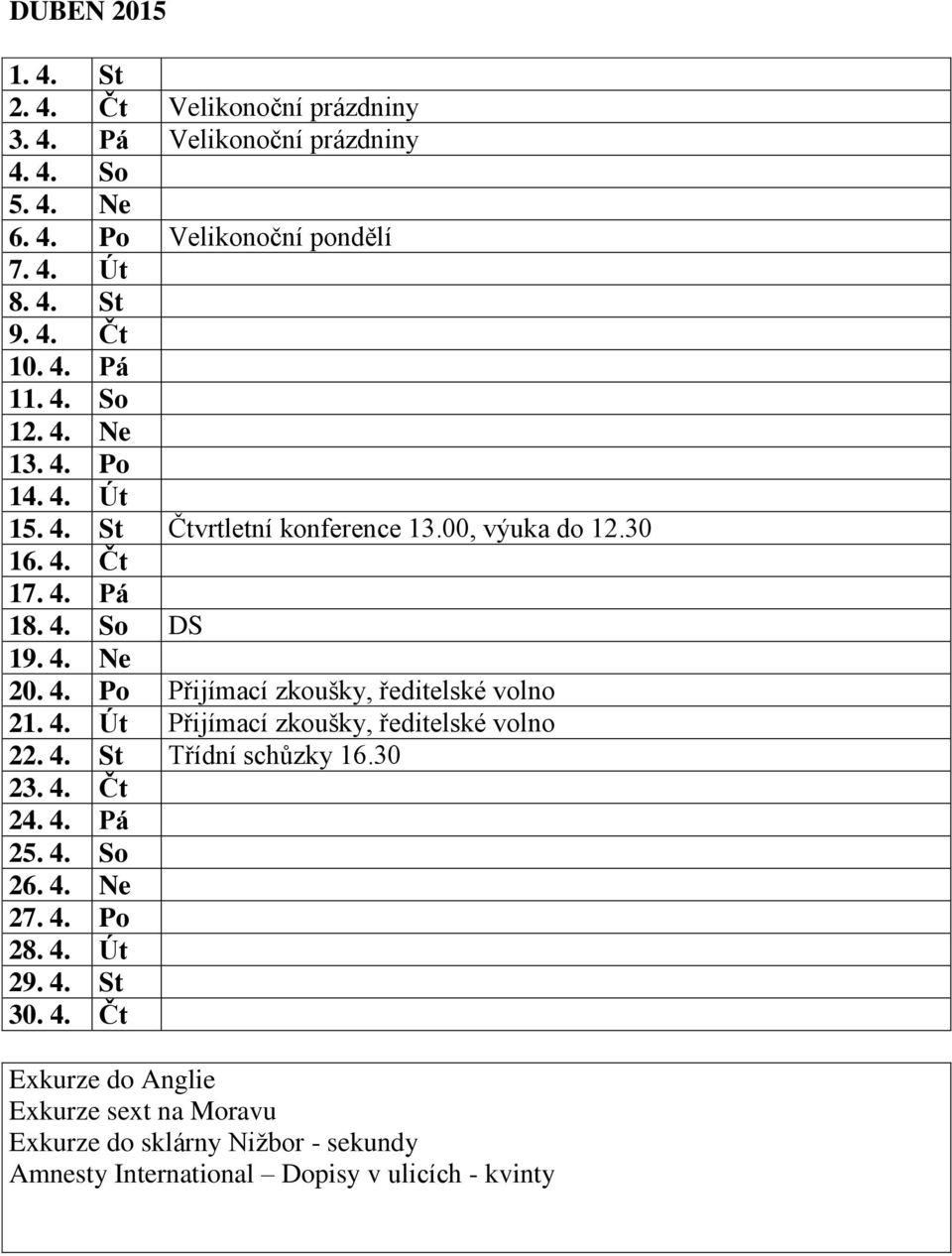 4. Út Přijímací zkoušky, ředitelské volno 22. 4.