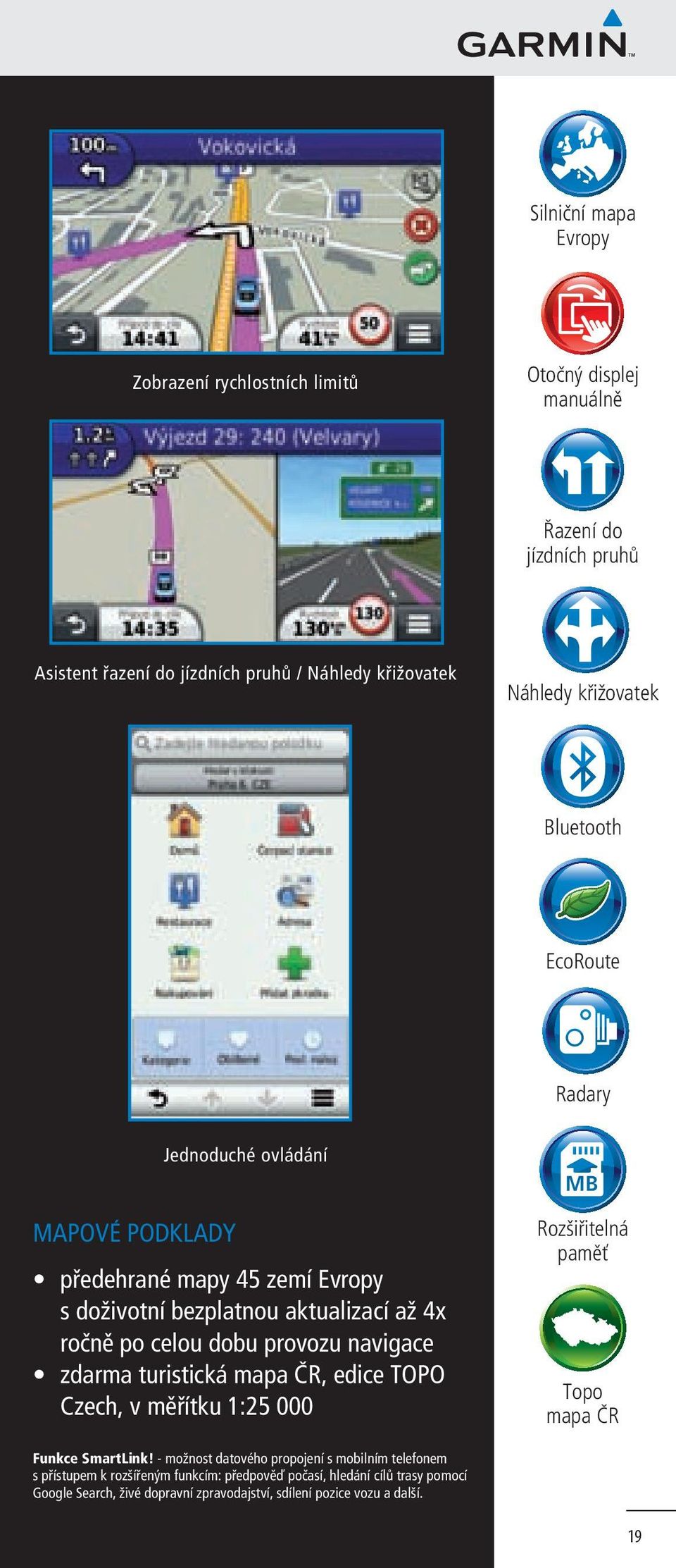 provozu navigace zdarma turistická mapa ČR, edice TOPO Czech, v měřítku 1:25 000 Rozšiřitelná paměť Topo mapa ČR Funkce SmartLink!