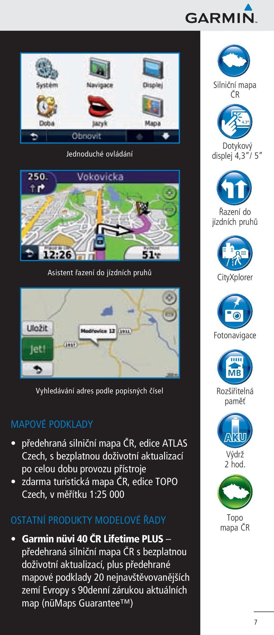 turistická mapa ČR, edice TOPO Czech, v měřítku 1:25 000 OSTATNÍ PRODUKTY MODELOVÉ ŘADY Garmin nüvi 40 ČR Lifetime PLUS předehraná silniční mapa ČR s bezplatnou