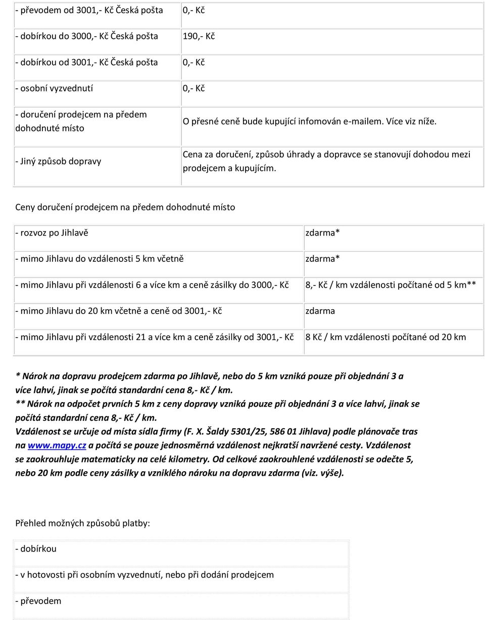 Ceny doručení prodejcem na předem dohodnuté místo - rozvoz po Jihlavě zdarma* - mimo Jihlavu do vzdálenosti 5 km včetně zdarma* - mimo Jihlavu při vzdálenosti 6 a více km a ceně zásilky do 3000,- Kč
