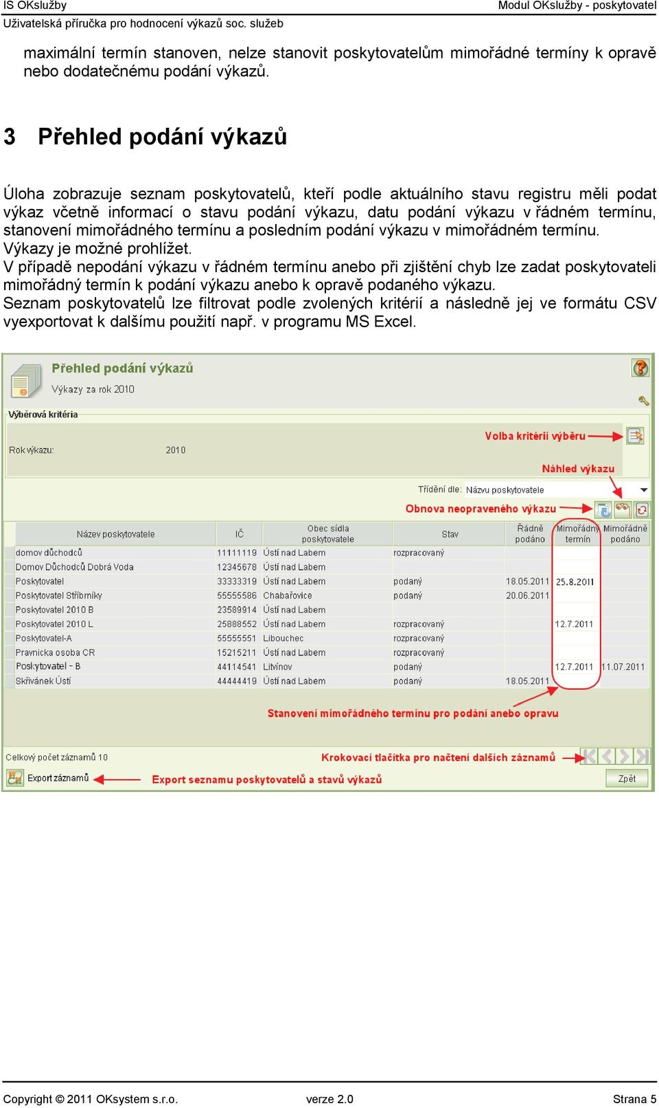 termínu, stanovení mimořádného termínu a posledním podání výkazu v mimořádném termínu. Výkazy je možné prohlížet.