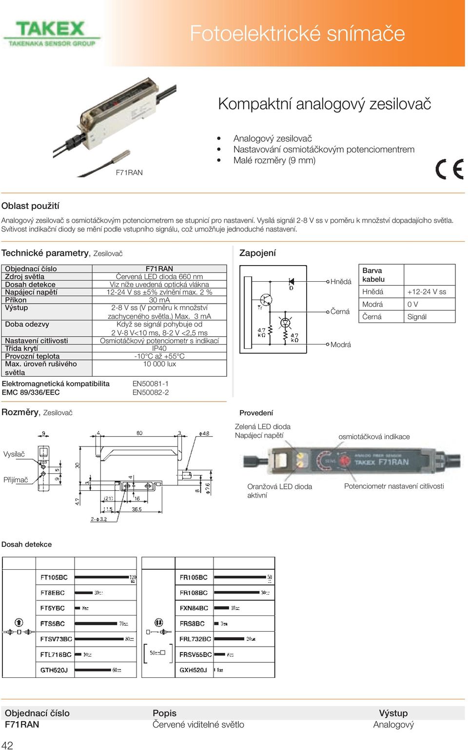, Zesilovač Zapojení Objednací číslo F71RAN Zdroj světla Červená LED dioda 660 nm Dosah detekce Viz níže uvedená optická vlákna Napájecí napětí 12-24 V ss ±5% zvlnění max.