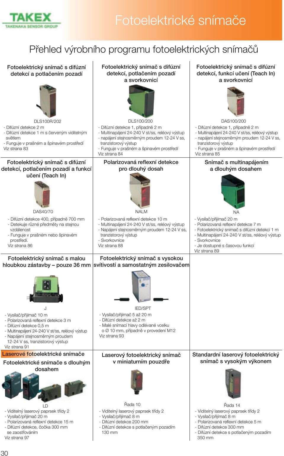 stejnosměrným proudem 12-24 V ss, tranzistorový výstup - Funguje v prašném a špinavém prostředí Viz strana 84 Difúzní detekce 2 m Difúzní detekce 1 m s červeným viditelným světlem - Funguje v prašném