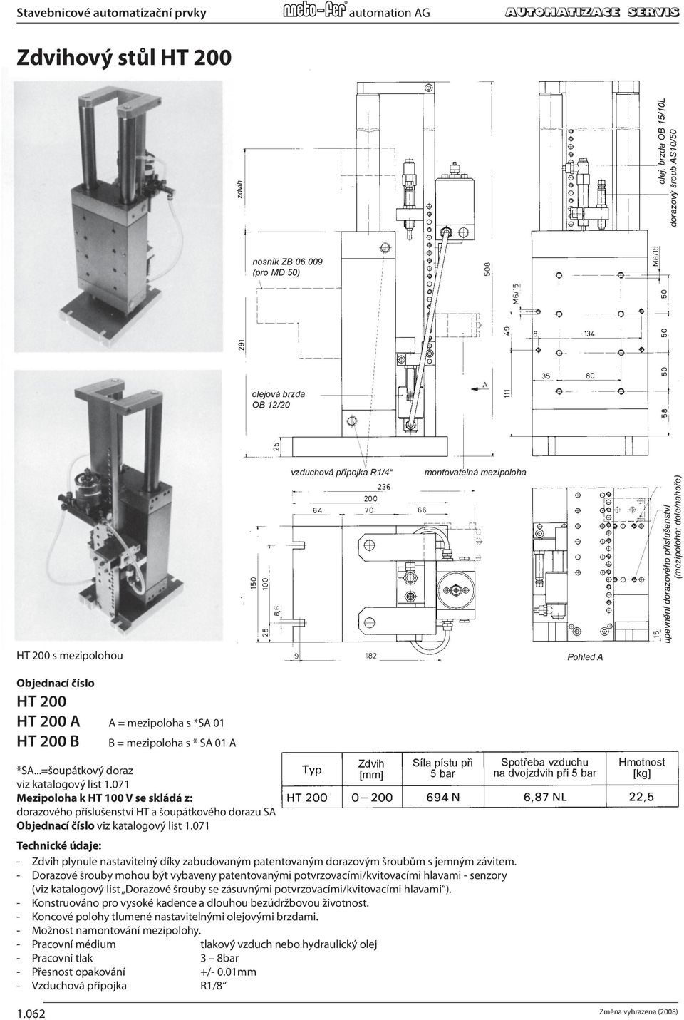 přípojka R1/4 Pohled A Objednací číslo HT 200 HT 200 A HT 200 B A = mezipoloha s *SA 01 B = mezipoloha s * SA 01 A Zdvih Síla pístu při Spotřeba vzduchu *SA.