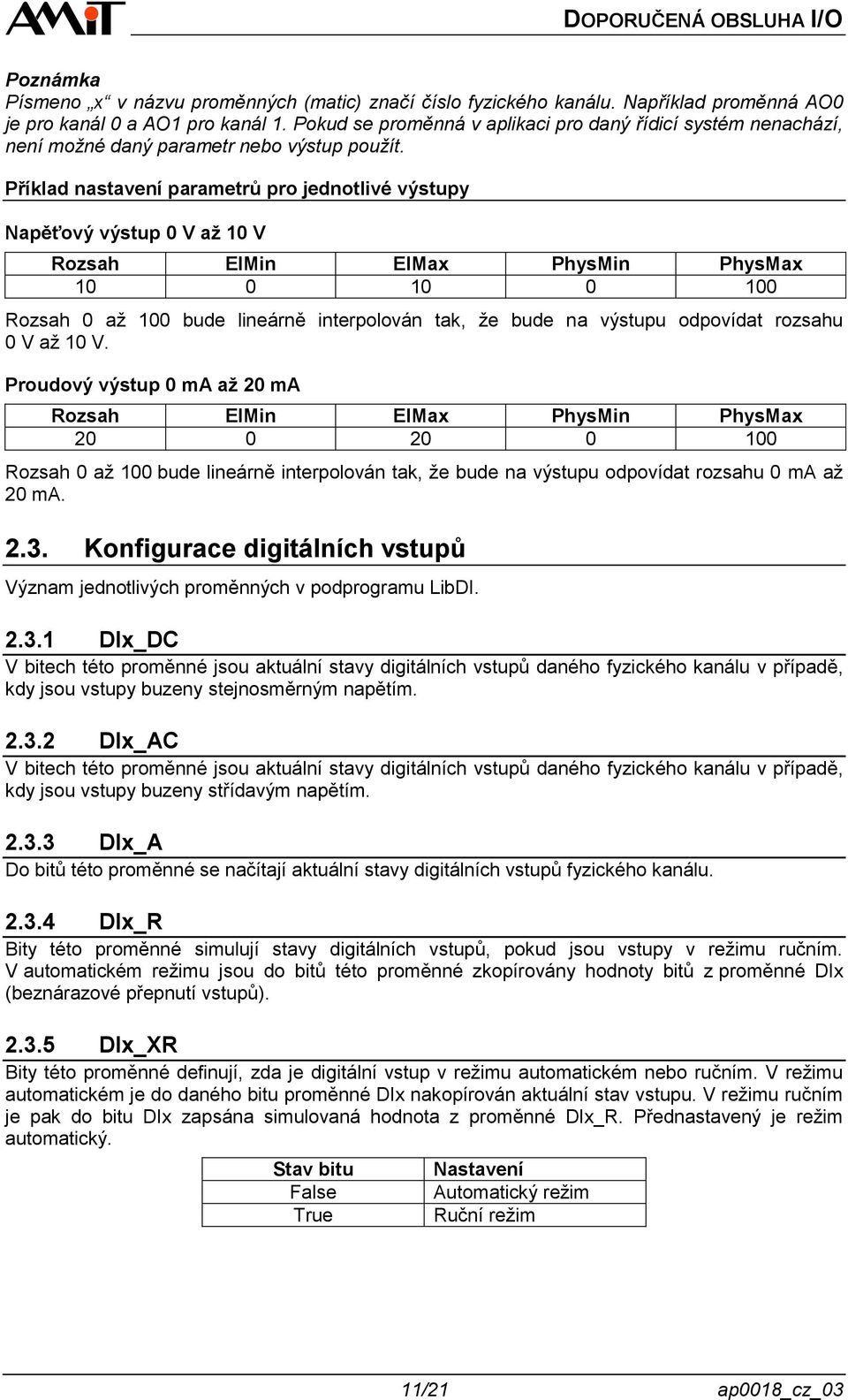 Příklad nastavení parametrů pro jednotlivé výstupy Napěťový výstup 0 V až 10 V Rozsah ElMin ElMax PhysMin PhysMax 10 0 10 0 100 Rozsah 0 až 100 bude lineárně interpolován tak, že bude na výstupu