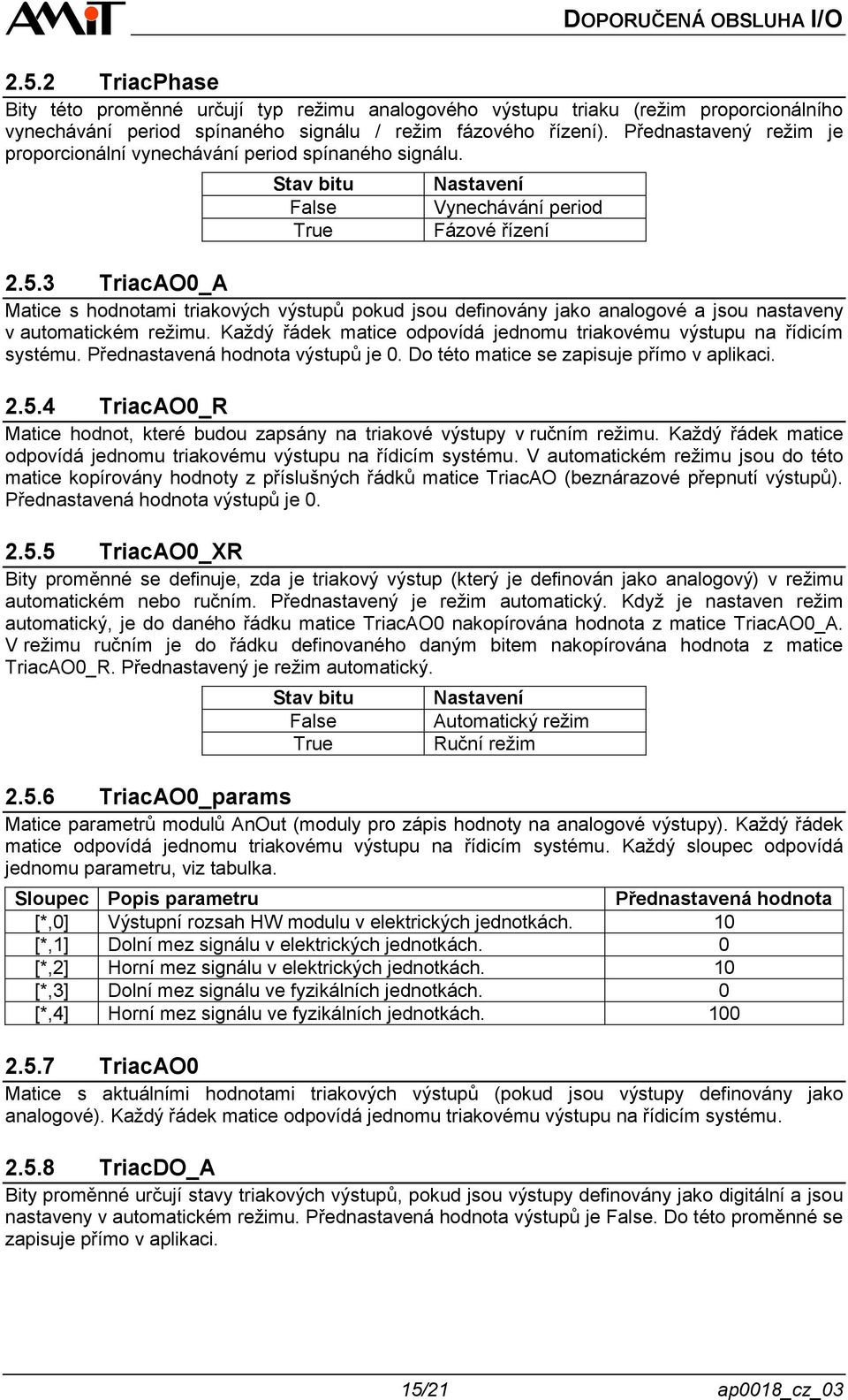 3 TriacAO0_A Matice s hodnotami triakových výstupů pokud jsou definovány jako analogové a jsou nastaveny v automatickém režimu.