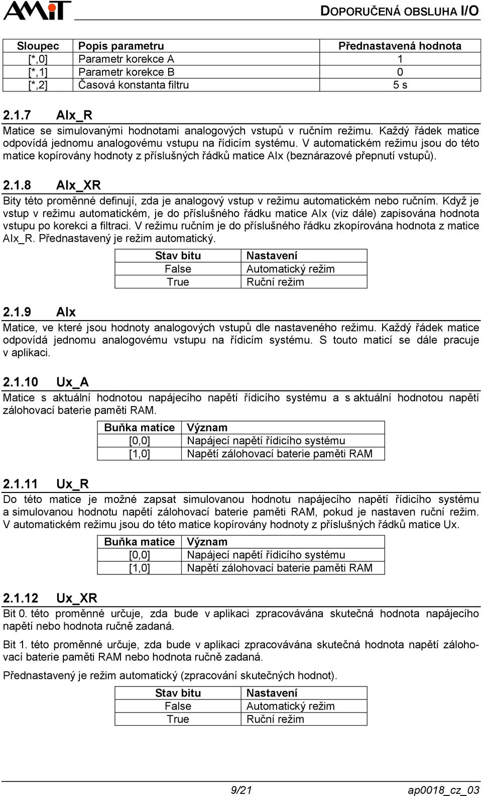 1.8 AIx_XR Bity této proměnné definují, zda je analogový vstup v režimu automatickém nebo ručním.