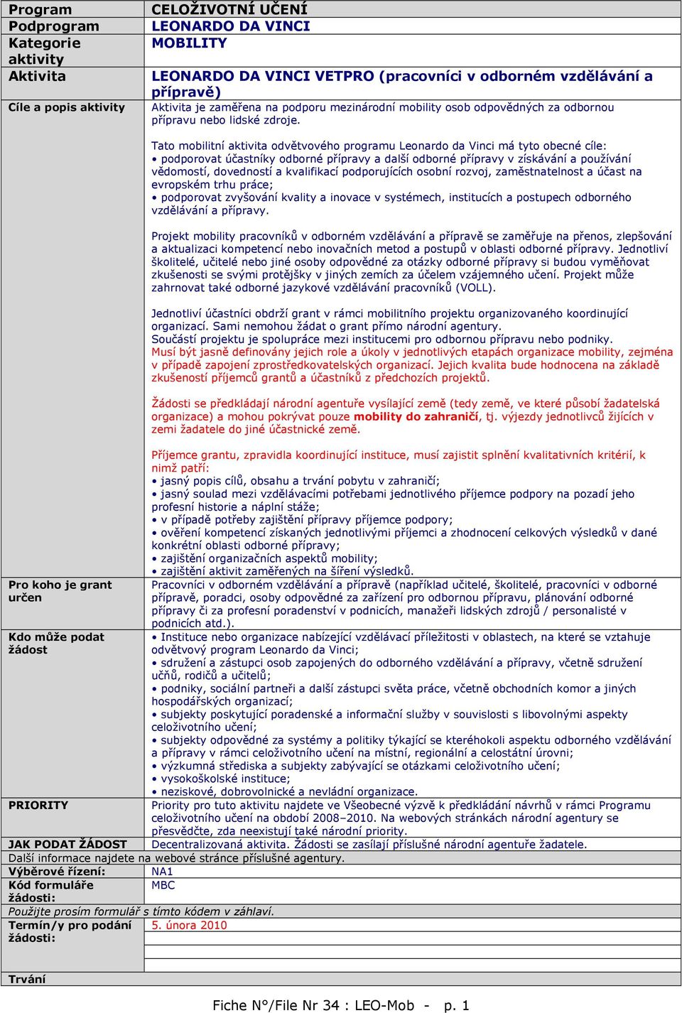 Pro koho je grant určen Kdo může podat žádost PRIORITY Tato mobilitní aktivita odvětvového programu Leonardo da Vinci má tyto obecné cíle: podporovat účastníky odborné přípravy a další odborné