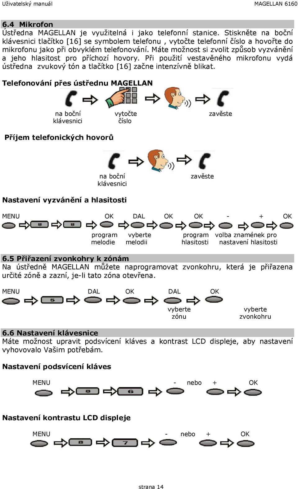 Máte možnost si zvolit způsob vyzvánění a jeho hlasitost pro příchozí hovory. Při použití vestavěného mikrofonu vydá ústředna zvukový tón a tlačítko [16] začne intenzívně blikat.