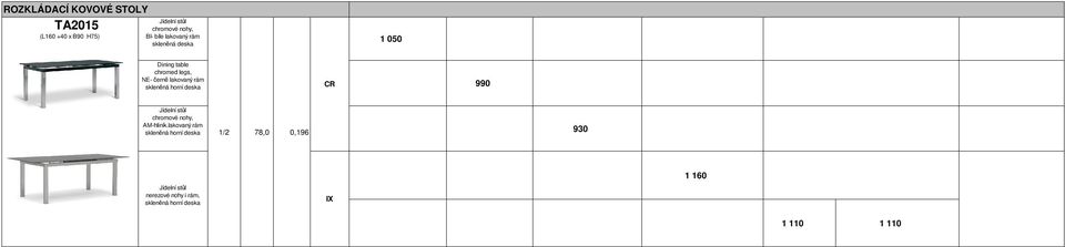 skleněná horní deska 990 Jídelní stůl chromové nohy, AM-hliník.