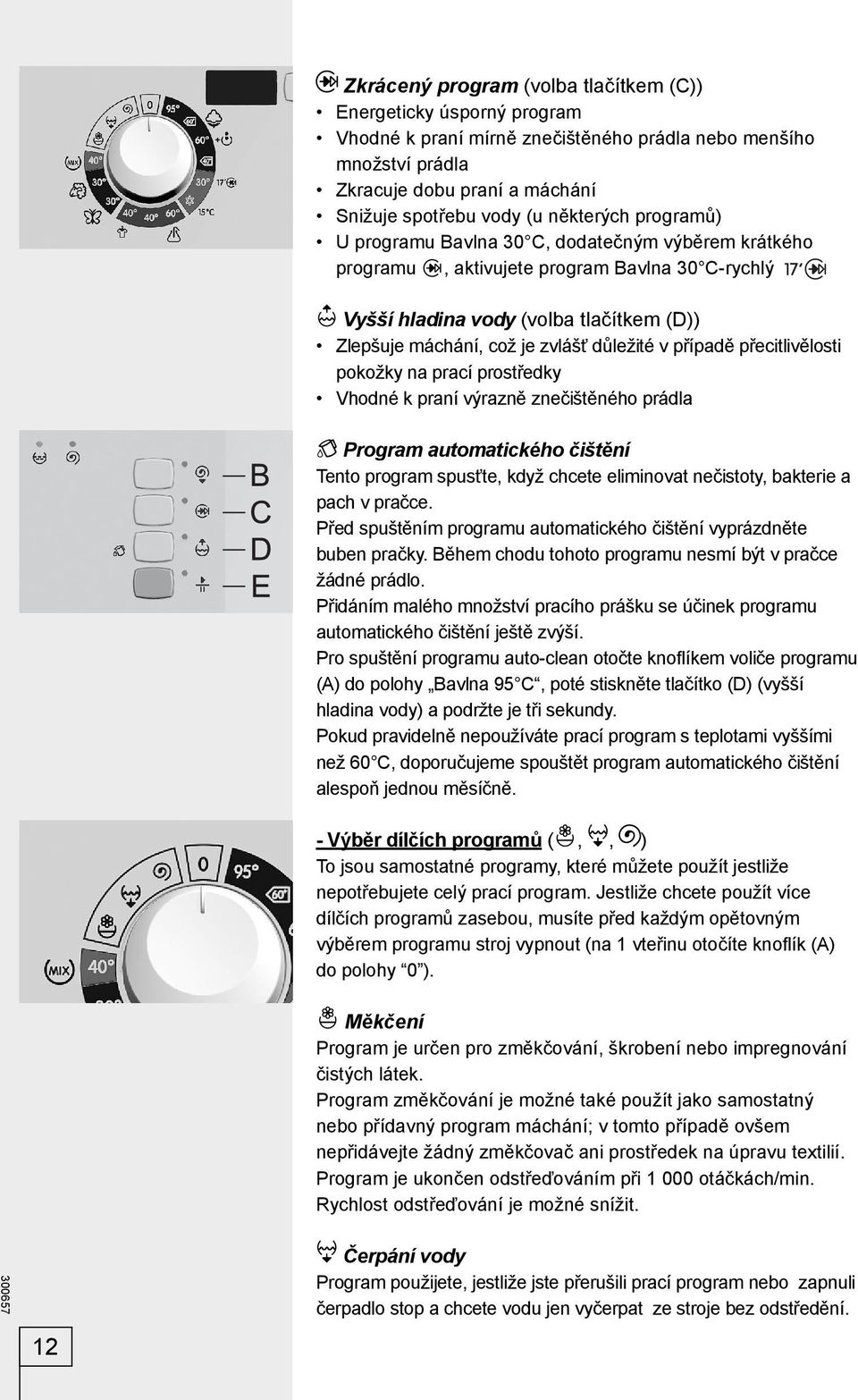 důležité v případě přecitlivělosti pokožky na prací prostředky Vhodné k praní výrazně znečištěného prádla Program automatického čištění Tento program spusťte, když chcete eliminovat nečistoty,