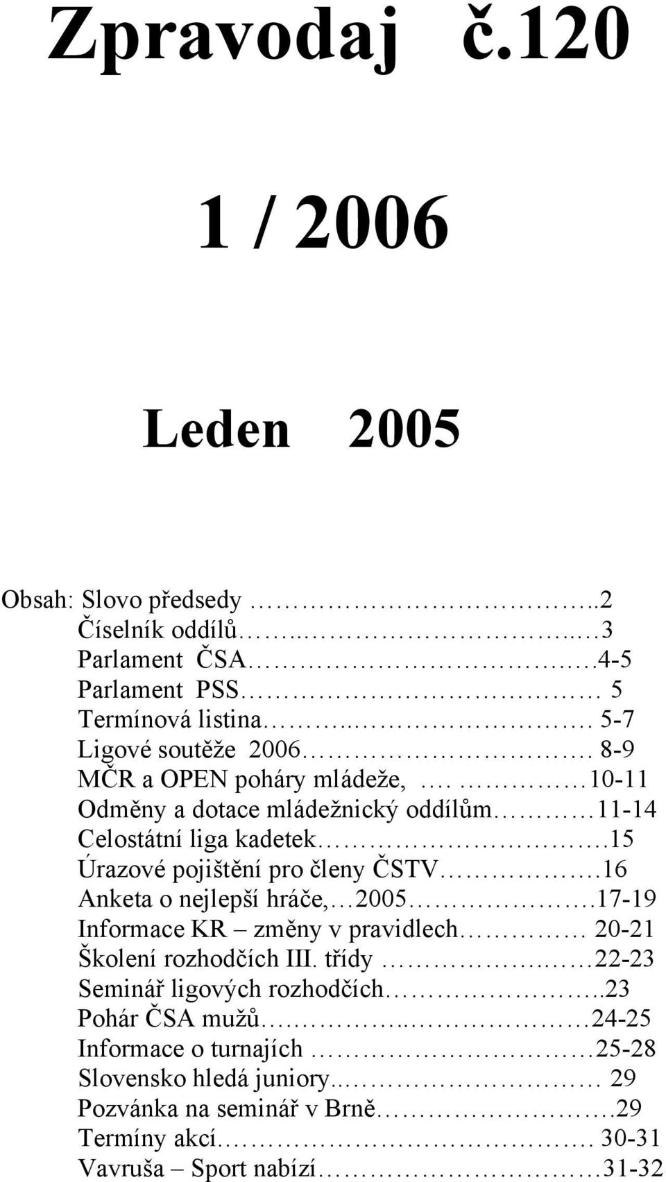 15 Úrazové pojištění pro členy ČSTV.16 Anketa o nejlepší hráče, 2005.17-19 Informace KR změny v pravidlech 20-21 Školení rozhodčích III. třídy.