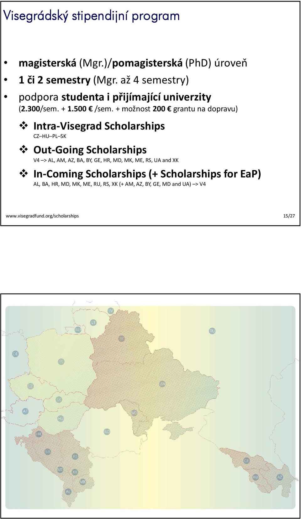 + možnost 200 grantu na dopravu) Intra-Visegrad Scholarships CZ HU PL SK Out-Going Scholarships V4 > AL, AM, AZ, BA, BY,