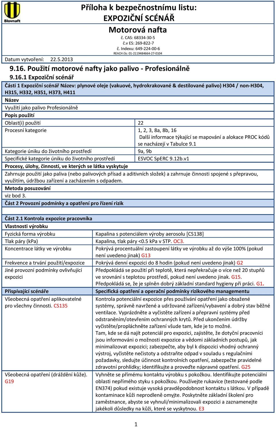 1 Expoziční scénář Části 1 Expoziční scénář Název: plynové oleje (vakuové, hydrokrakované & destilované palivo) H304 / non-h304, H315, H332, H351, H373, H411 Název Využití jako palivo Profesionálně