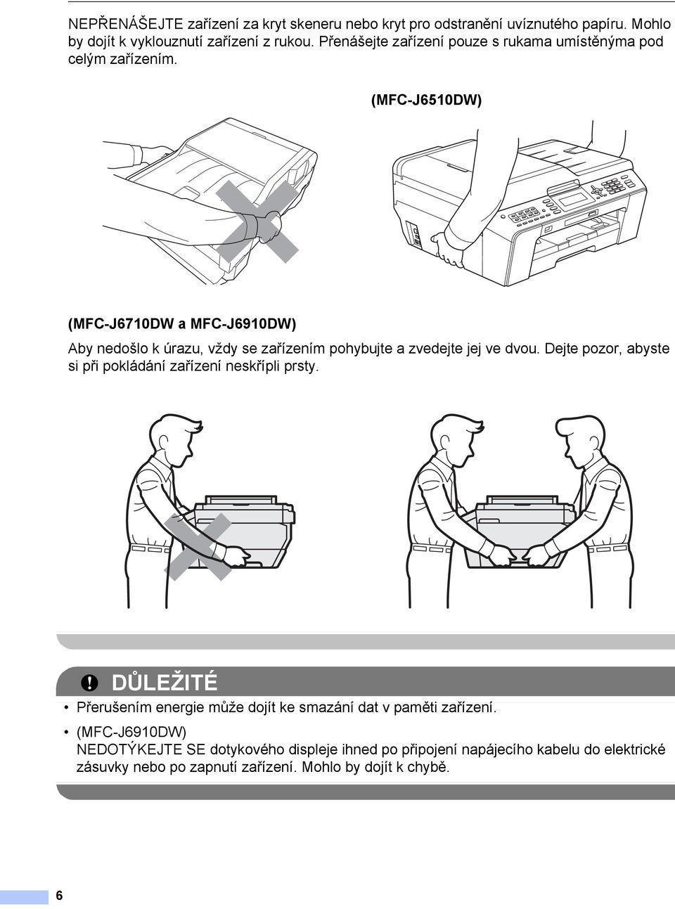 (MFC-J6510DW) 1 (MFC-J6710DW a MFC-J6910DW) Aby nedošlo k úrazu, vždy se zařízením pohybujte a zvedejte jej ve dvou.